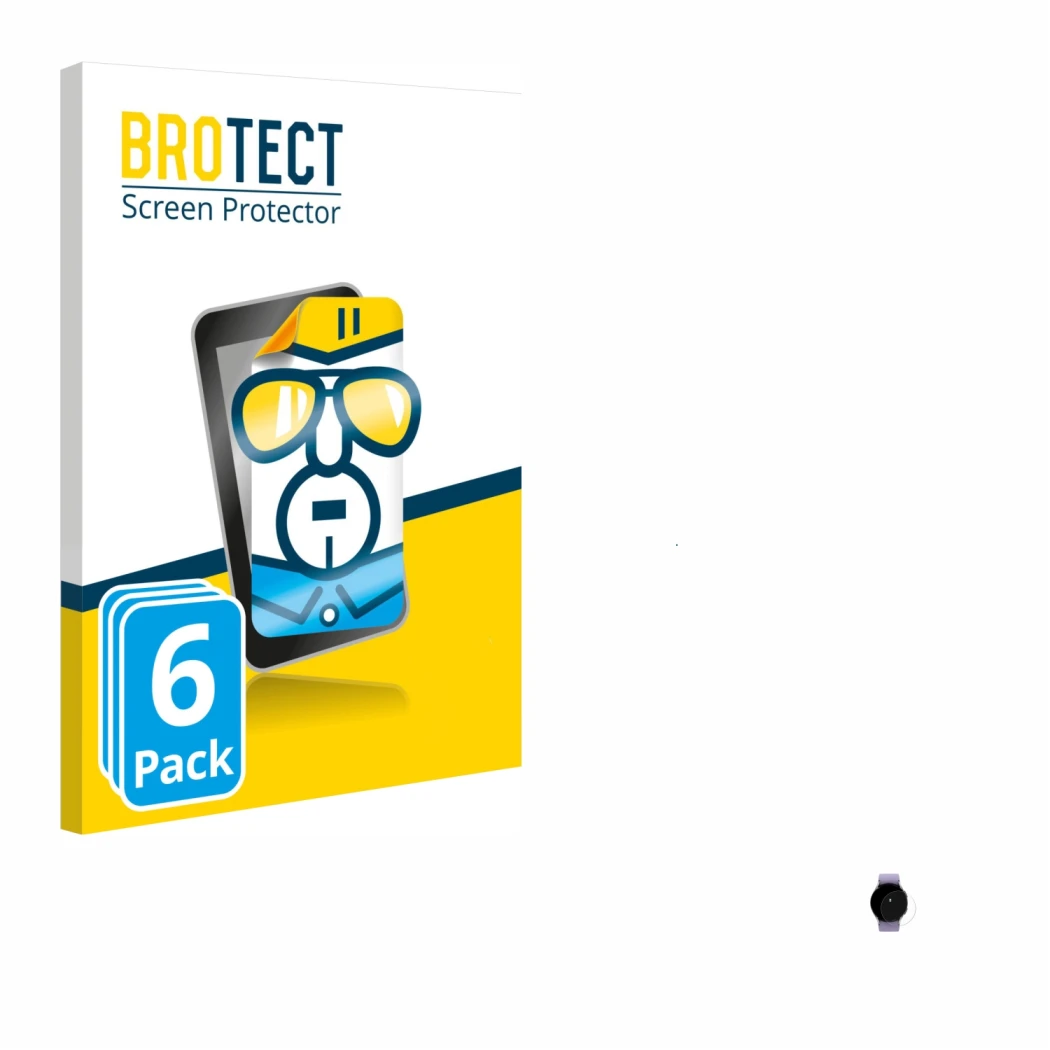 Face avant d’un emballage produit avec le logo de la marque BROTECT. À côté, l’appareil Samsung Galaxy Watch 5 (40mm) est repr