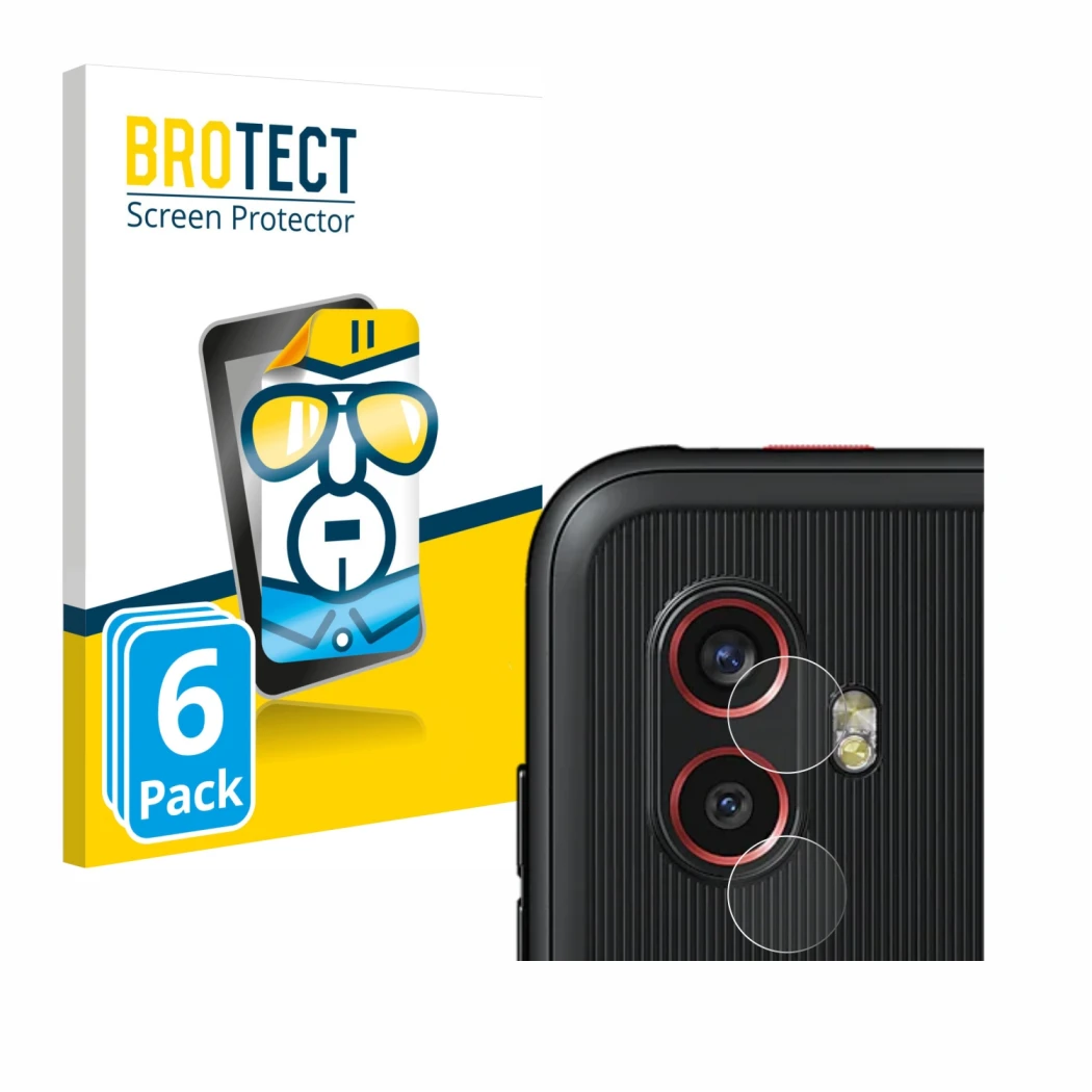 Face avant d’un emballage produit avec le logo de la marque BROTECT. À côté, l’appareil Samsung Galaxy Xcover 6 Pro (Caméra UN