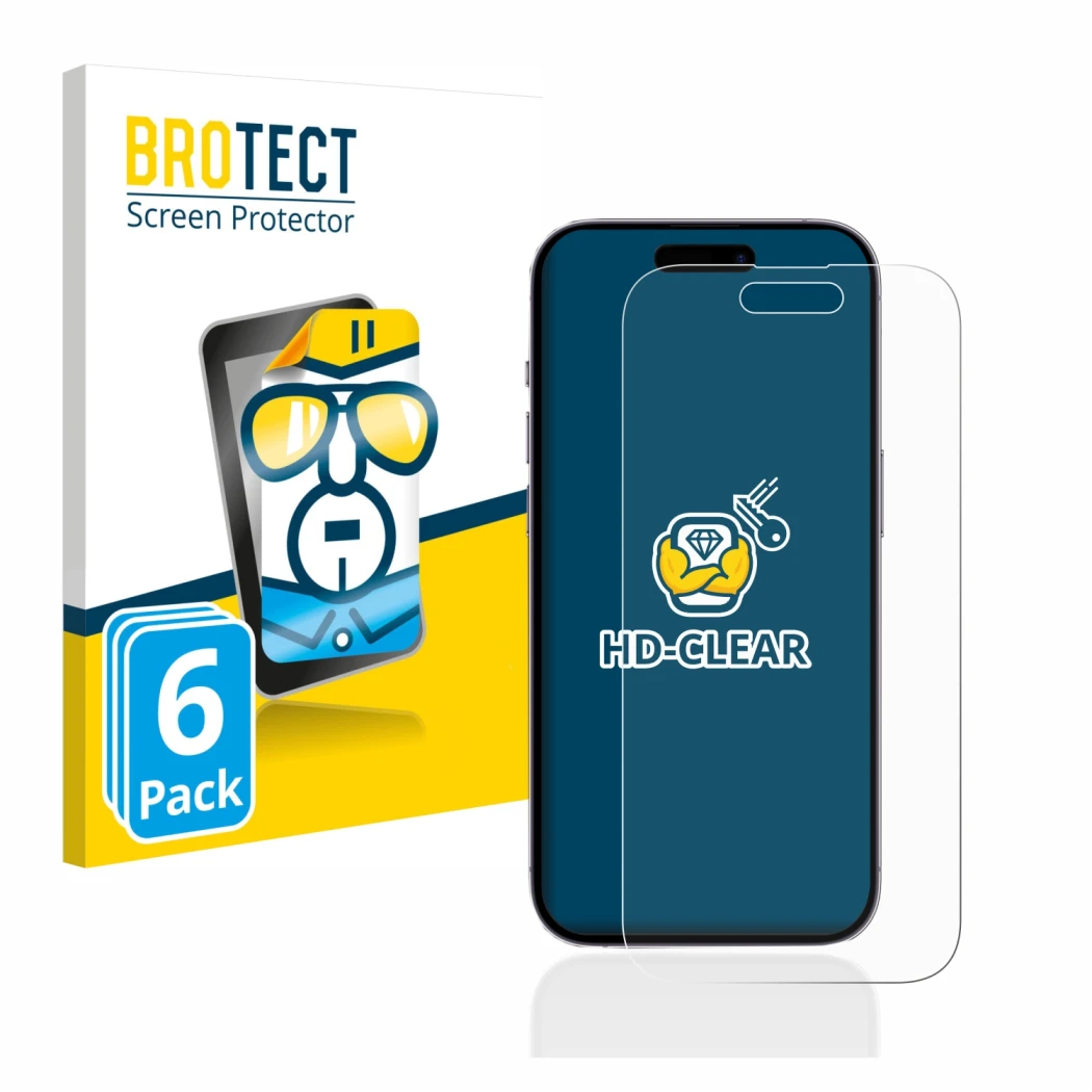 Face avant d’un emballage produit avec le logo de la marque BROTECT. À côté, l’appareil Apple iPhone 14 Pro est représenté ave