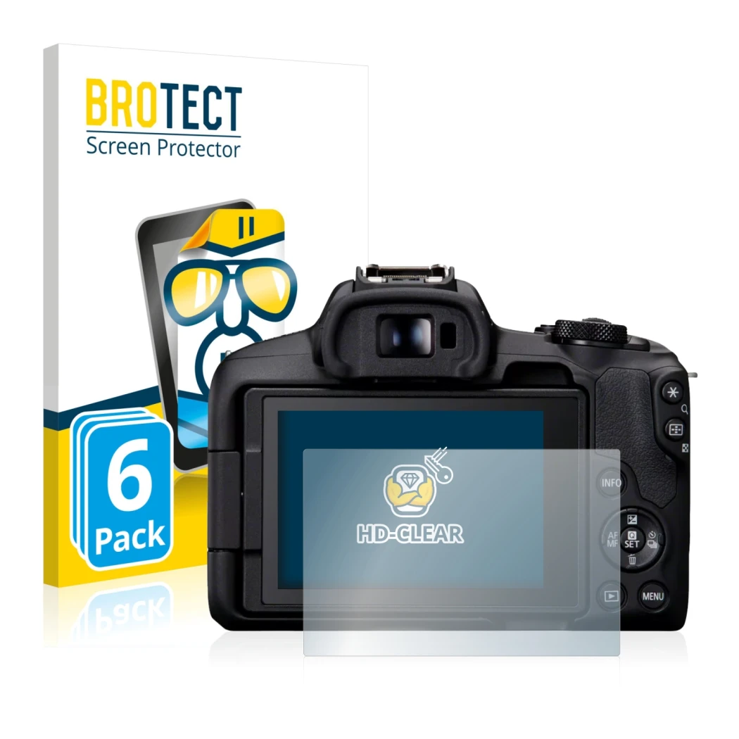 Face avant d’un emballage produit avec le logo de la marque BROTECT. À côté, l’appareil Canon EOS R50 est représenté avec la p