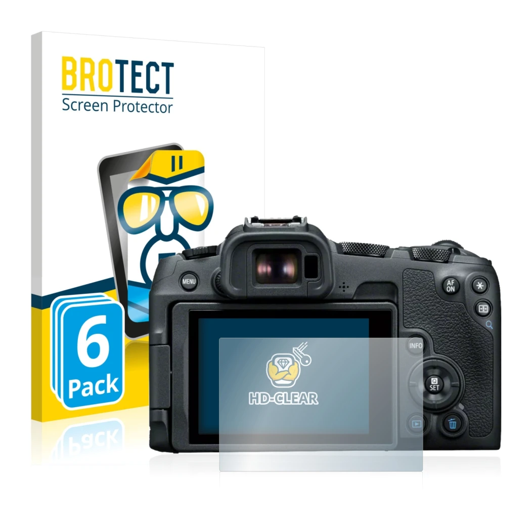 Face avant d’un emballage produit avec le logo de la marque BROTECT. À côté, l’appareil Canon EOS R8 est représenté avec la pr