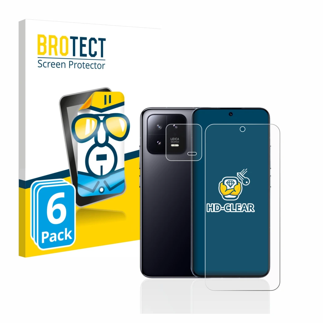 Face avant d’un emballage produit avec le logo de la marque BROTECT. À côté, l’appareil Xiaomi 13 (Avant+Caméra) est représent