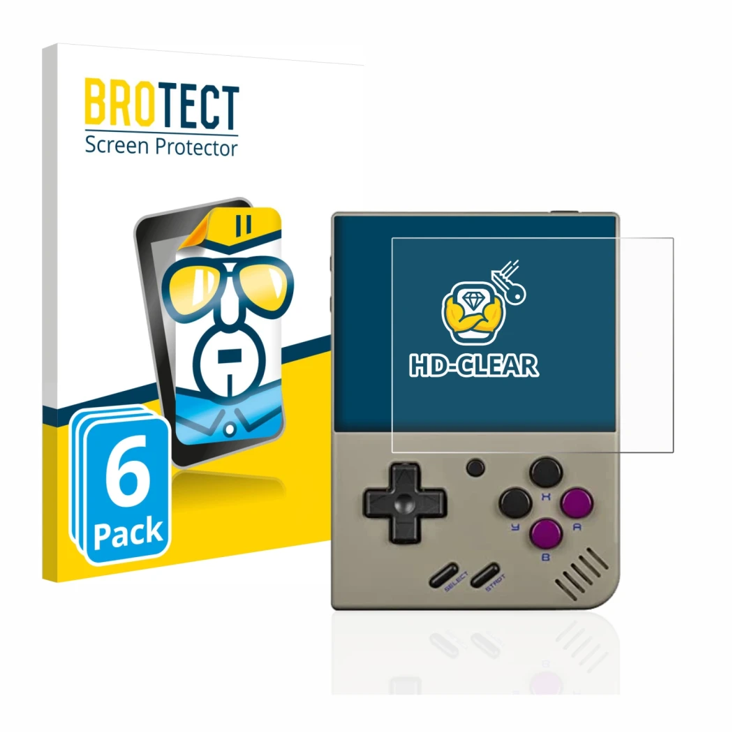 Face avant d’un emballage produit avec le logo de la marque BROTECT. À côté, l’appareil Miyoo Mini Plus est représenté avec la