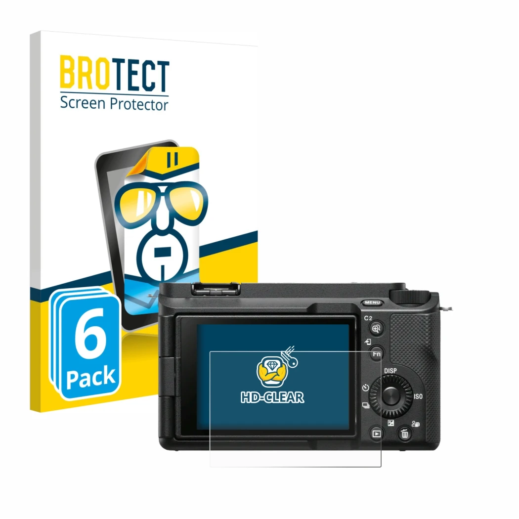 Face avant d’un emballage produit avec le logo de la marque BROTECT. À côté, l’appareil Sony Alpha ZV-E1 est représenté avec l