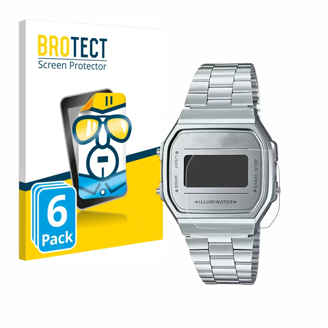 Face avant d’un emballage produit avec le logo de la marque BROTECT. À côté, l’appareil Casio A168WEM-7EF est représenté avec