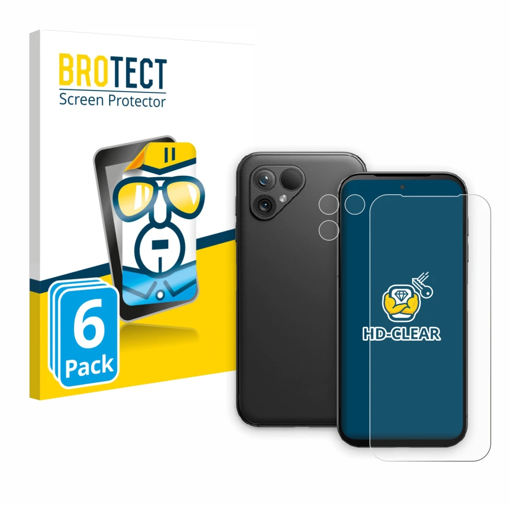 Face avant d’un emballage produit avec le logo de la marque BROTECT. À côté, l’appareil Fairphone 5 (Avant+Caméra) est représe