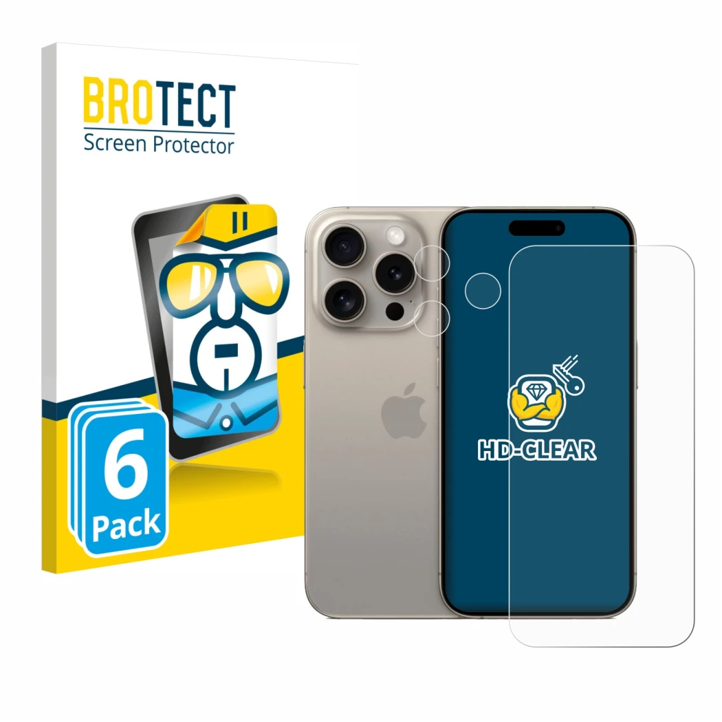 Face avant d’un emballage produit avec le logo de la marque BROTECT. À côté, l’appareil Apple iPhone 15 Pro (Avant+Caméra) est