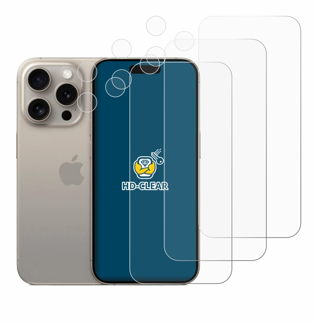 Image de l'appareil Apple iPhone 15 Pro (Avant+Caméra) avec une grande variété de protections d'écran.