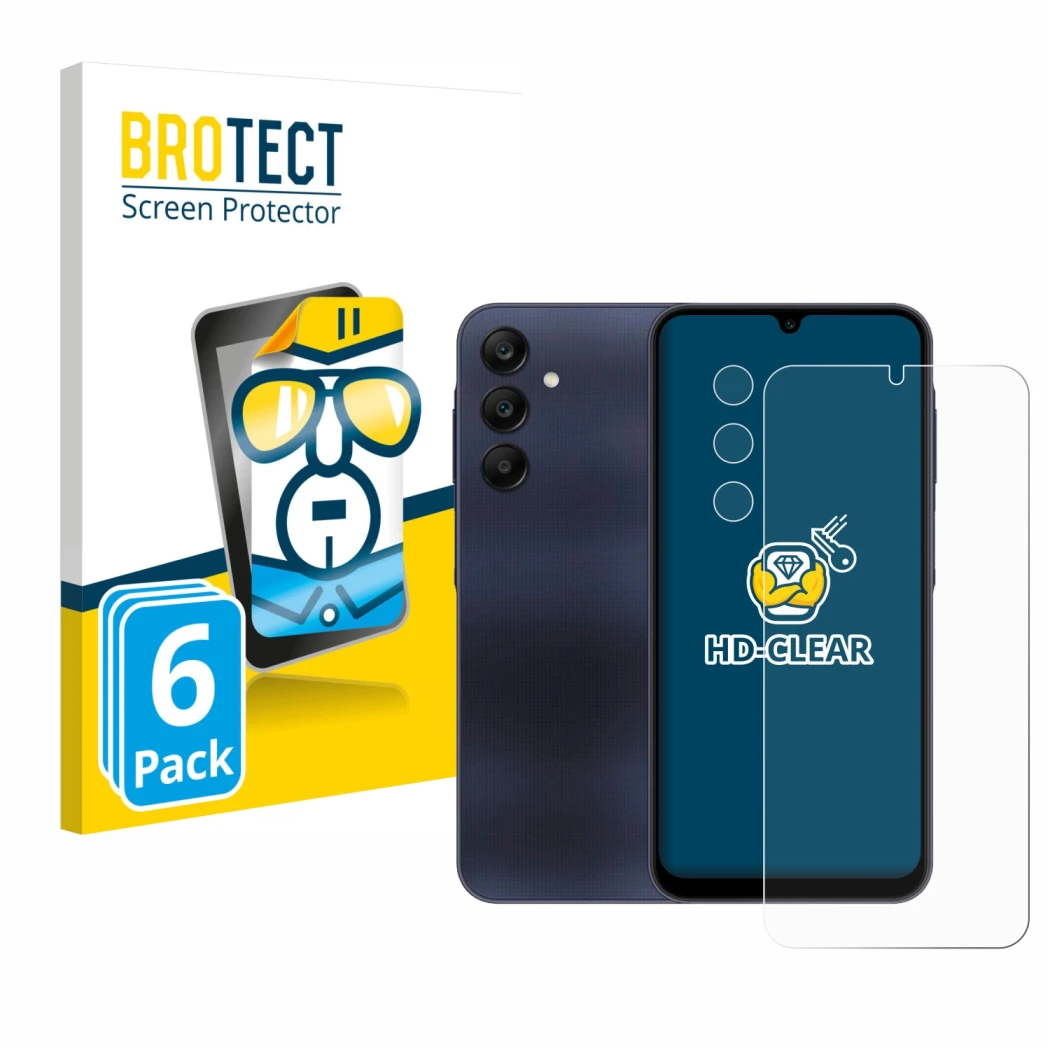 Face avant d’un emballage produit avec le logo de la marque BROTECT. À côté, l’appareil Samsung Galaxy A25 5G (Avant+Caméra) e