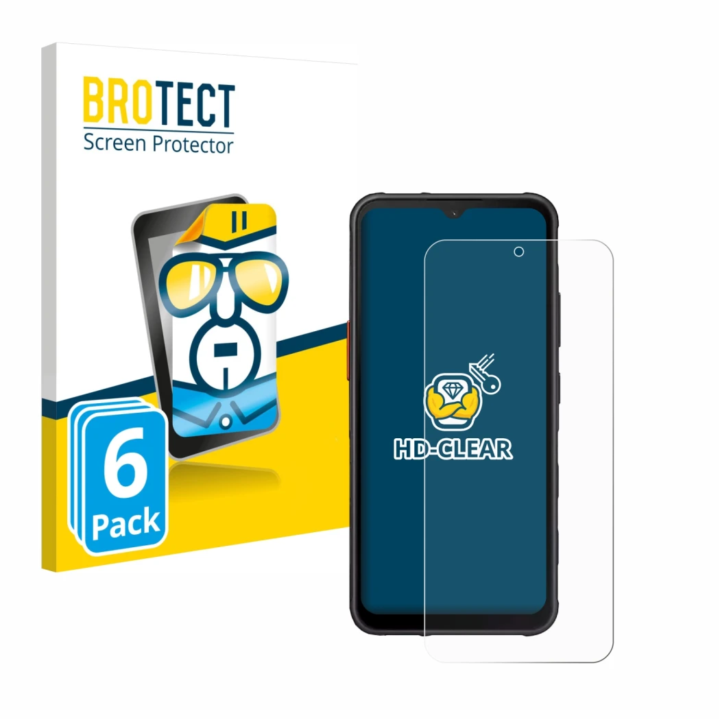 Face avant d’un emballage produit avec le logo de la marque BROTECT. À côté, l’appareil Samsung Galaxy XCover 7 est représenté