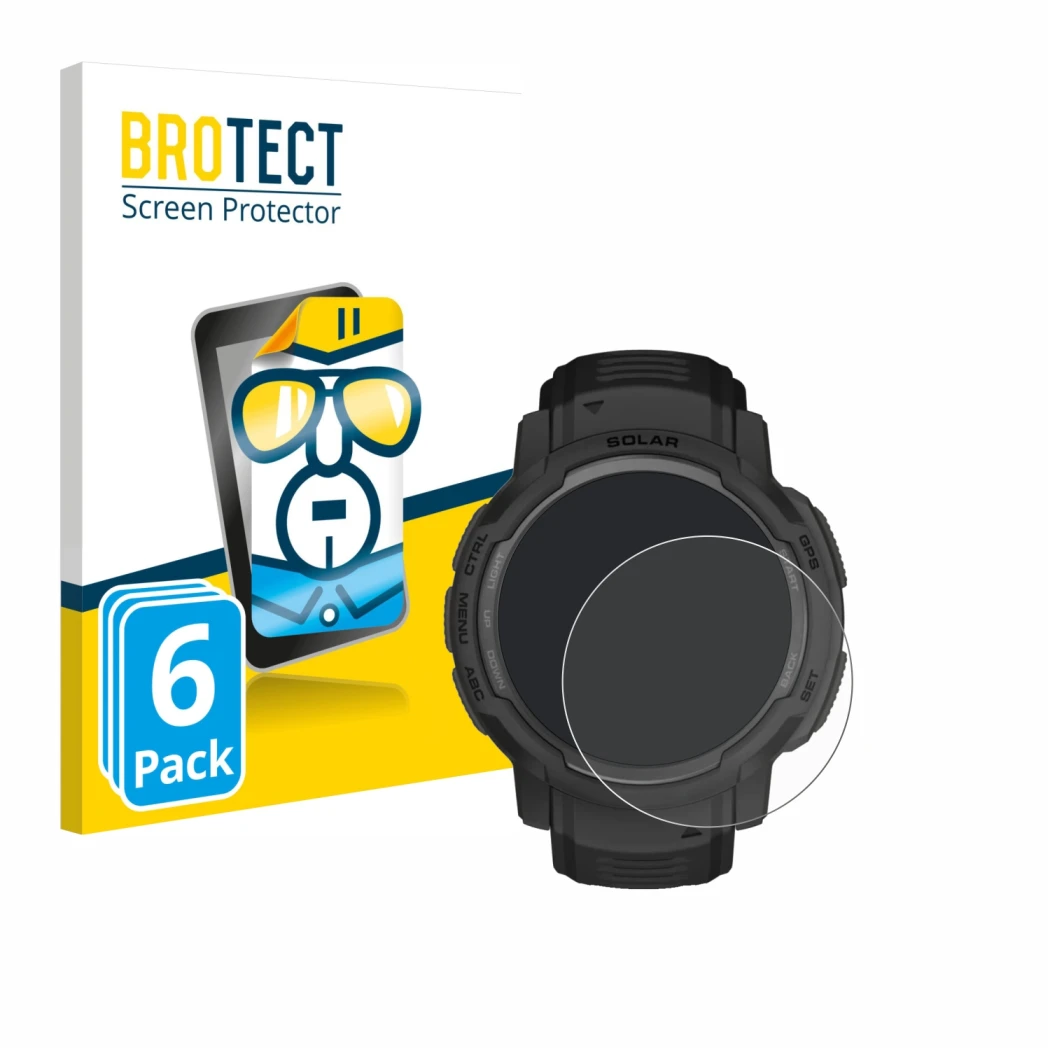 Face avant d’un emballage produit avec le logo de la marque BROTECT. À côté, l’appareil Garmin Instinct Crossover AMOLED est r