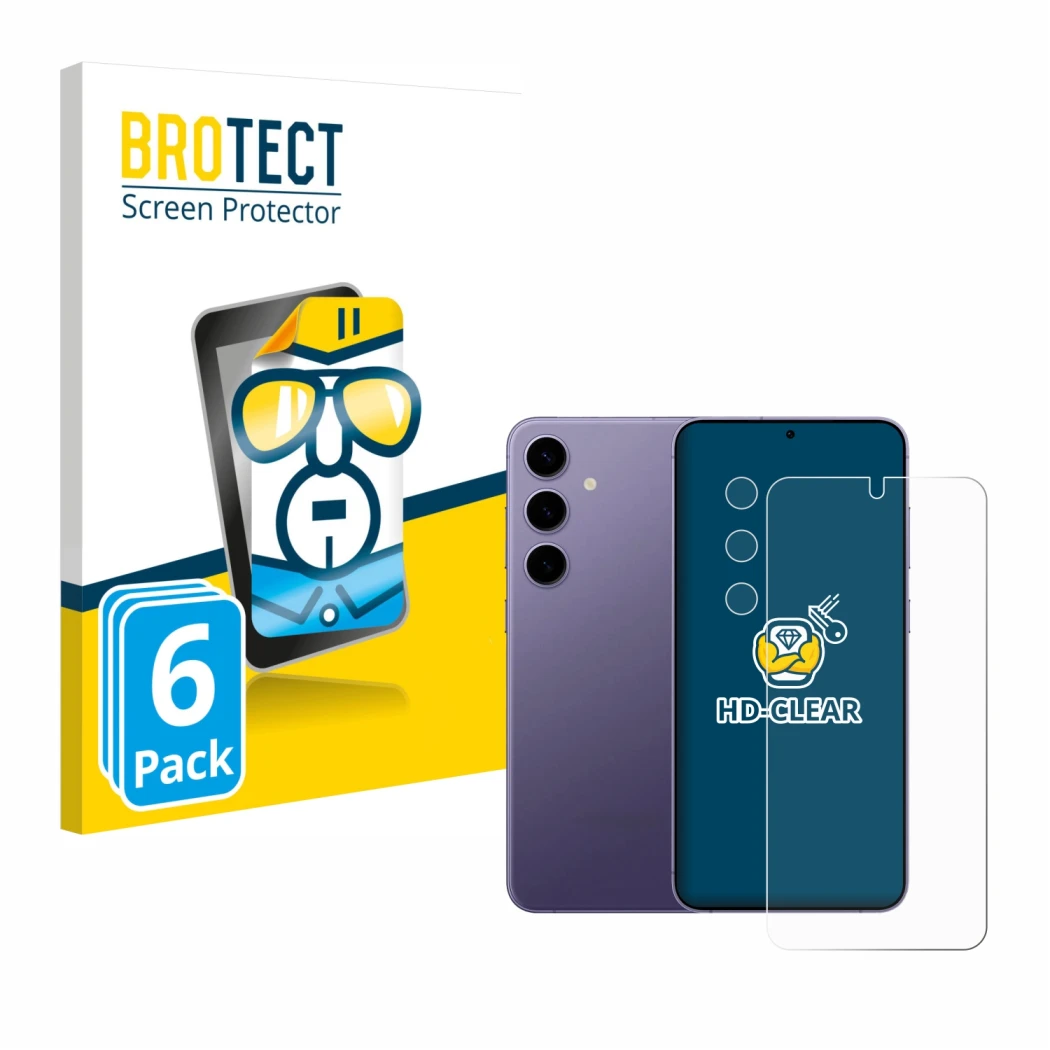 Face avant d’un emballage produit avec le logo de la marque BROTECT. À côté, l’appareil Samsung Galaxy S24 (Avant+Caméra) est 