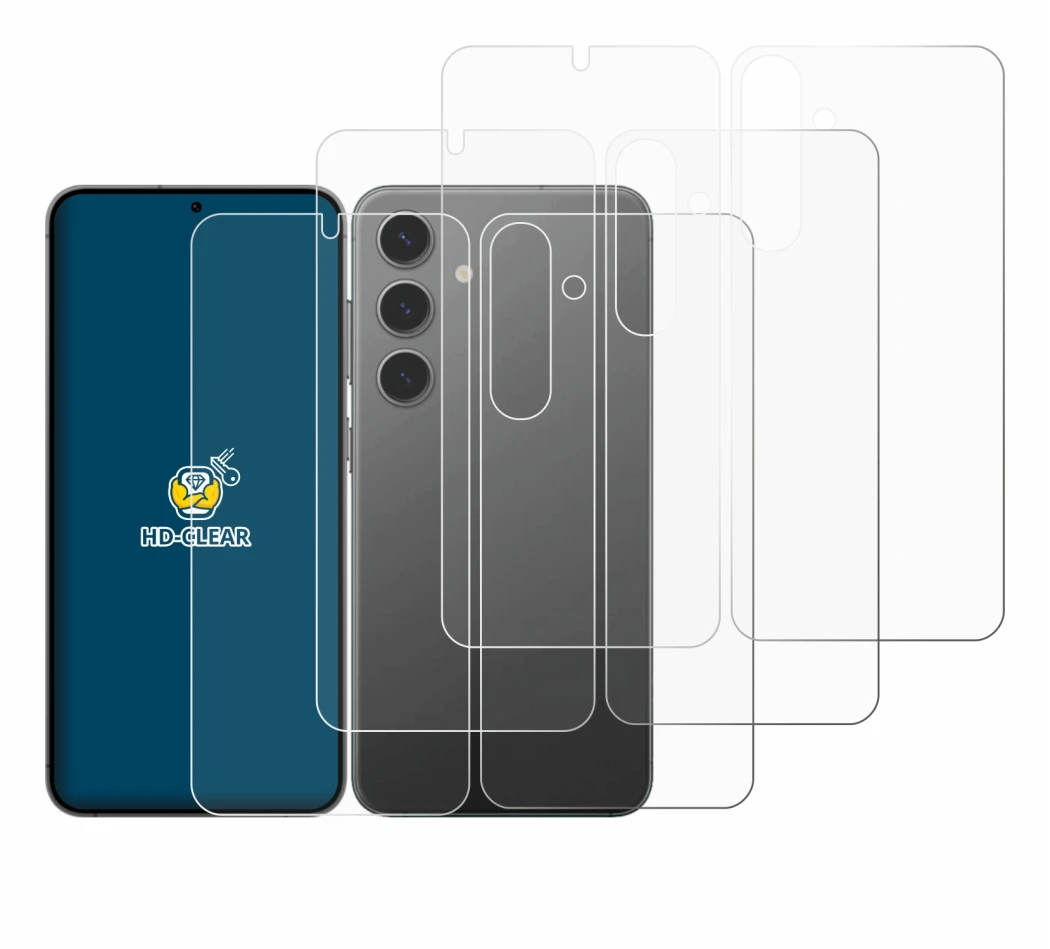 Image de l'appareil Samsung Galaxy S24 Plus (Avant+Arrière) avec une grande variété de protections d'écran.