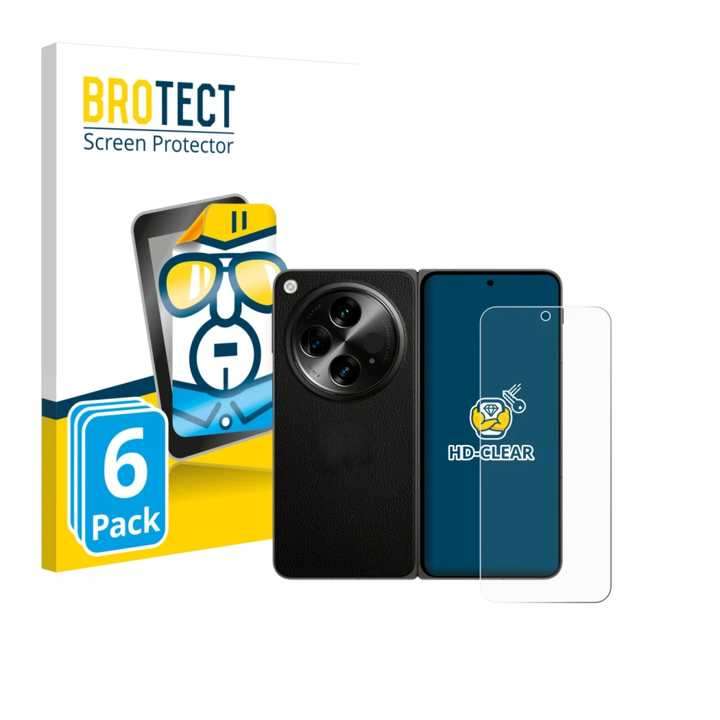 Face avant d’un emballage produit avec le logo de la marque BROTECT. À côté, l’appareil OnePlus Open (case-friendly) est repré