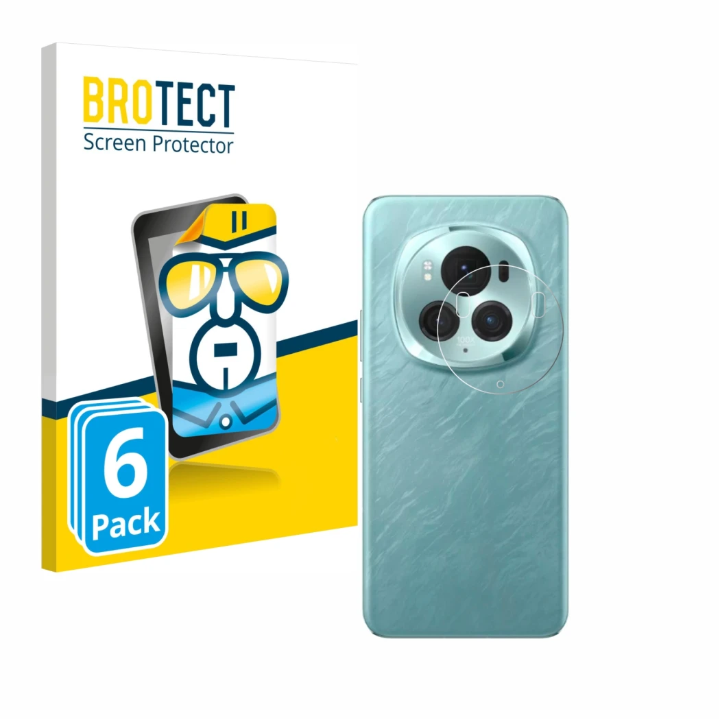 Face avant d’un emballage produit avec le logo de la marque BROTECT. À côté, l’appareil Honor Magic 6 Pro (Caméra UNIQUEMENT)