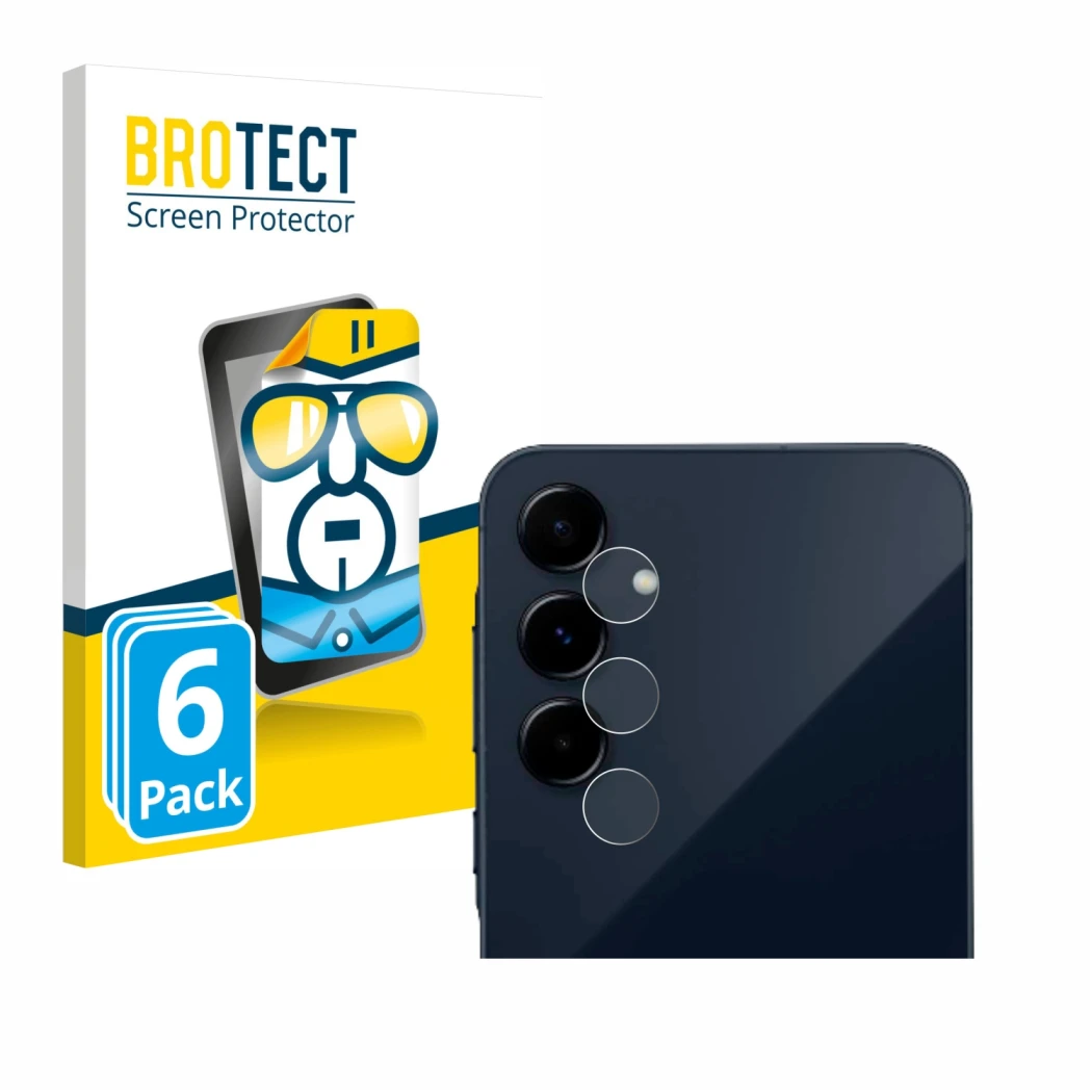 Face avant d’un emballage produit avec le logo de la marque BROTECT. À côté, l’appareil Samsung Galaxy A35 5G (Caméra UNIQUEME