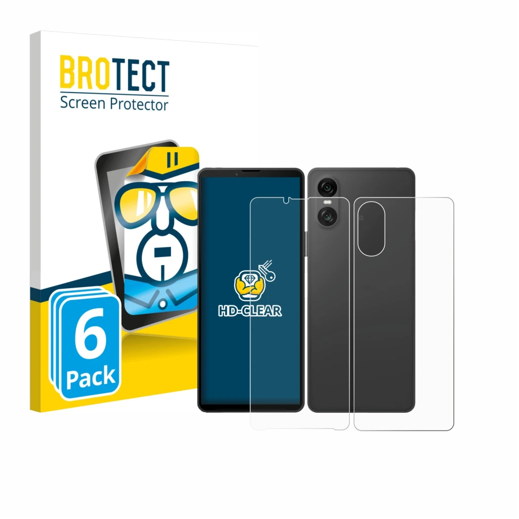 Face avant d’un emballage produit avec le logo de la marque BROTECT. À côté, l’appareil Sony Xperia 10 VI (Avant+Arrière) est 