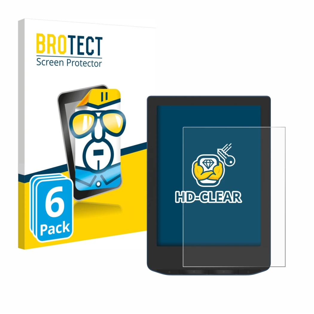 Face avant d’un emballage produit avec le logo de la marque BROTECT. À côté, l’appareil PocketBook Verse Pro Color est représe