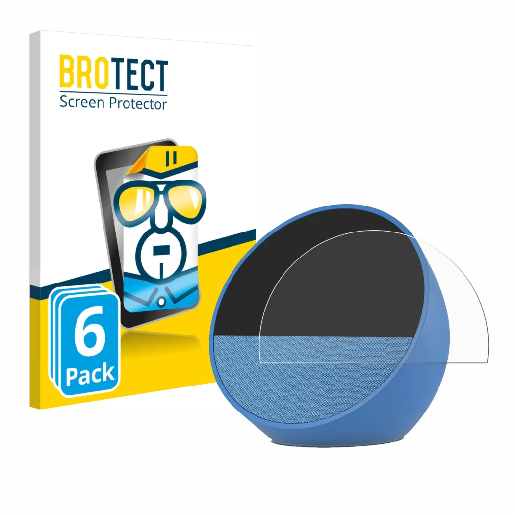 Face avant d’un emballage produit avec le logo de la marque BROTECT. À côté, l’appareil Amazon Echo Spot 2024 est représenté a