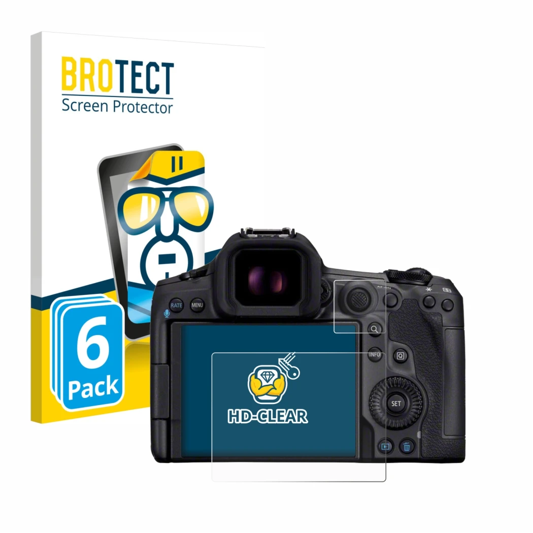 Face avant d’un emballage produit avec le logo de la marque BROTECT. À côté, l’appareil Canon EOS R5 Mark II est représenté av