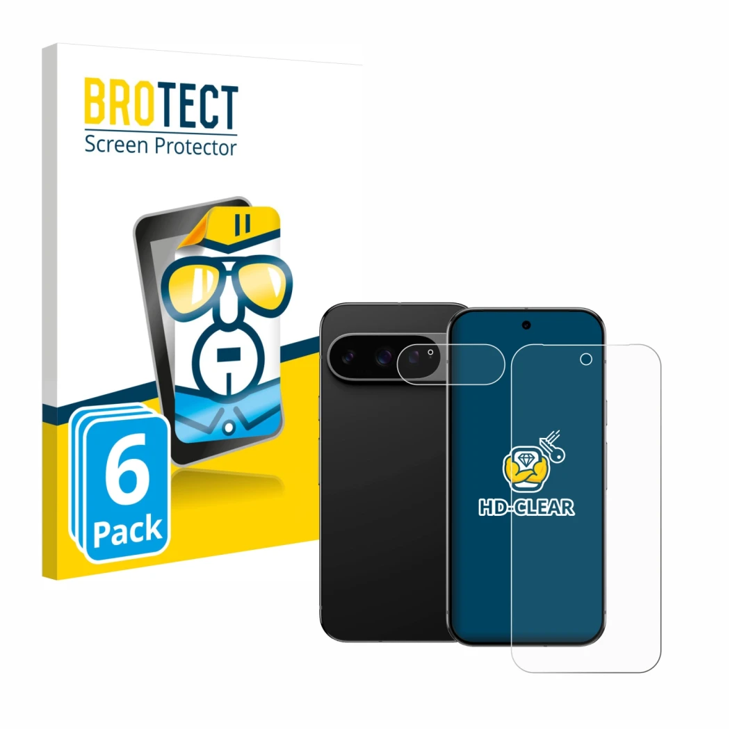 Face avant d’un emballage produit avec le logo de la marque BROTECT. À côté, l’appareil Google Pixel 9 Pro (Avant+Caméra) est