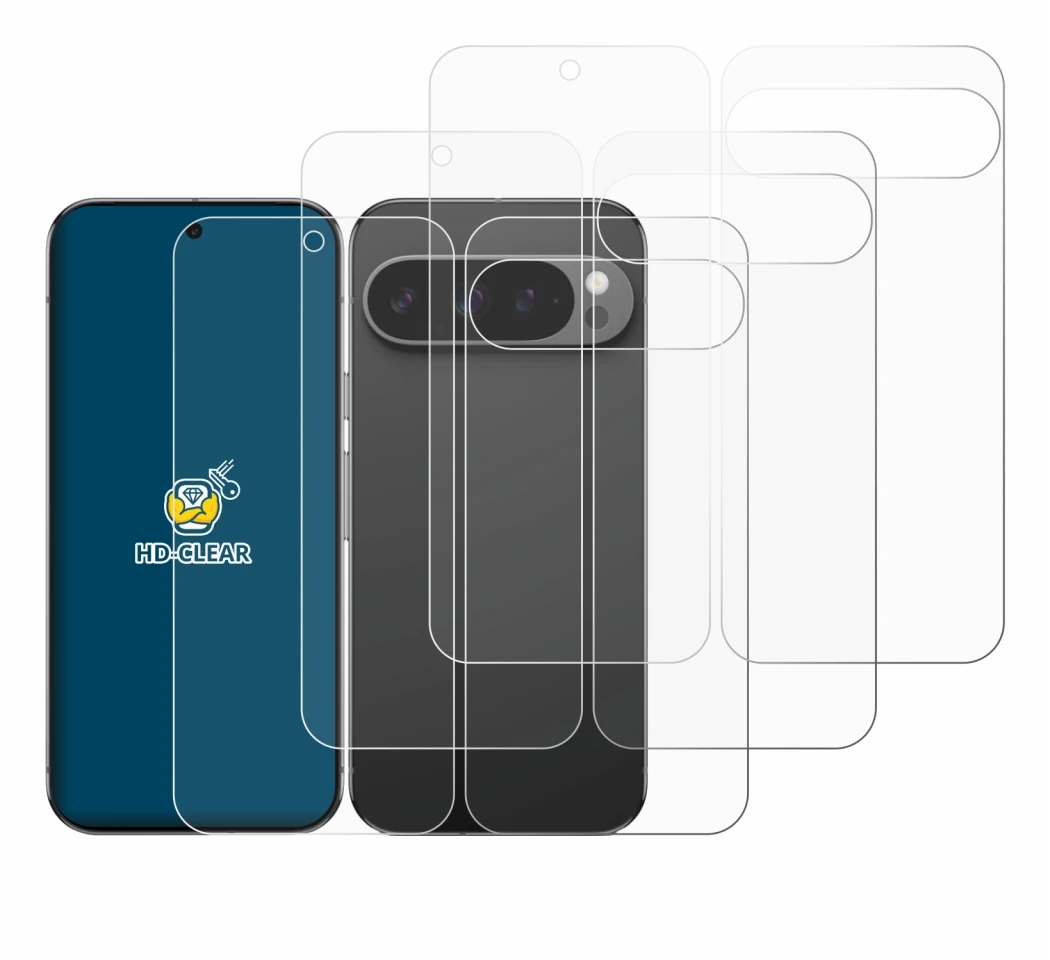 Image de l'appareil Google Pixel 9 Pro XL (Avant+Arrière) avec une grande variété de protections d'écran.