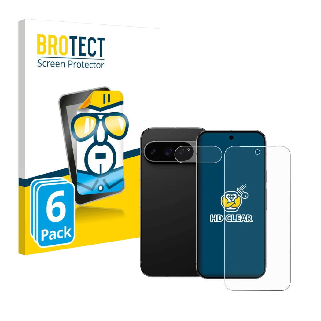 Face avant d’un emballage produit avec le logo de la marque BROTECT. À côté, l’appareil Google Pixel 9 Pro XL (Avant+Caméra) e