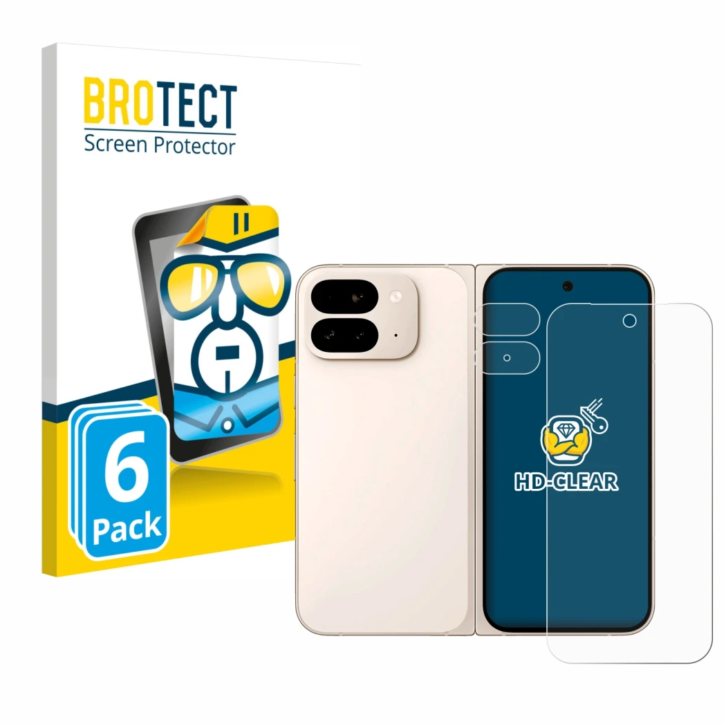 Face avant d’un emballage produit avec le logo de la marque BROTECT. À côté, l’appareil Google Pixel 9 Pro Fold (Avant+Caméra)