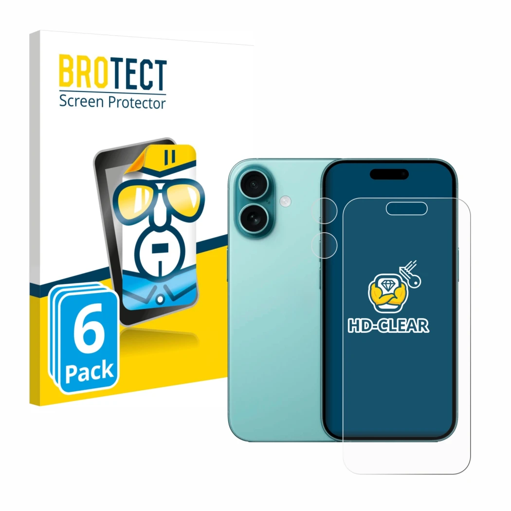 Face avant d’un emballage produit avec le logo de la marque BROTECT. À côté, l’appareil Apple iPhone 16 (Avant+Caméra) est rep