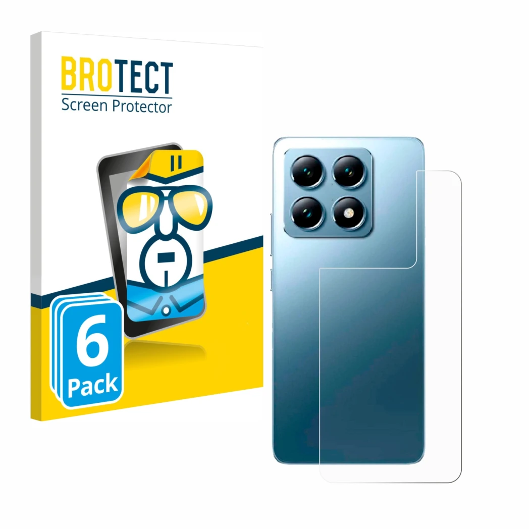 Face avant d’un emballage produit avec le logo de la marque BROTECT. À côté, l’appareil Xiaomi 14T Pro (Arrière) est représent