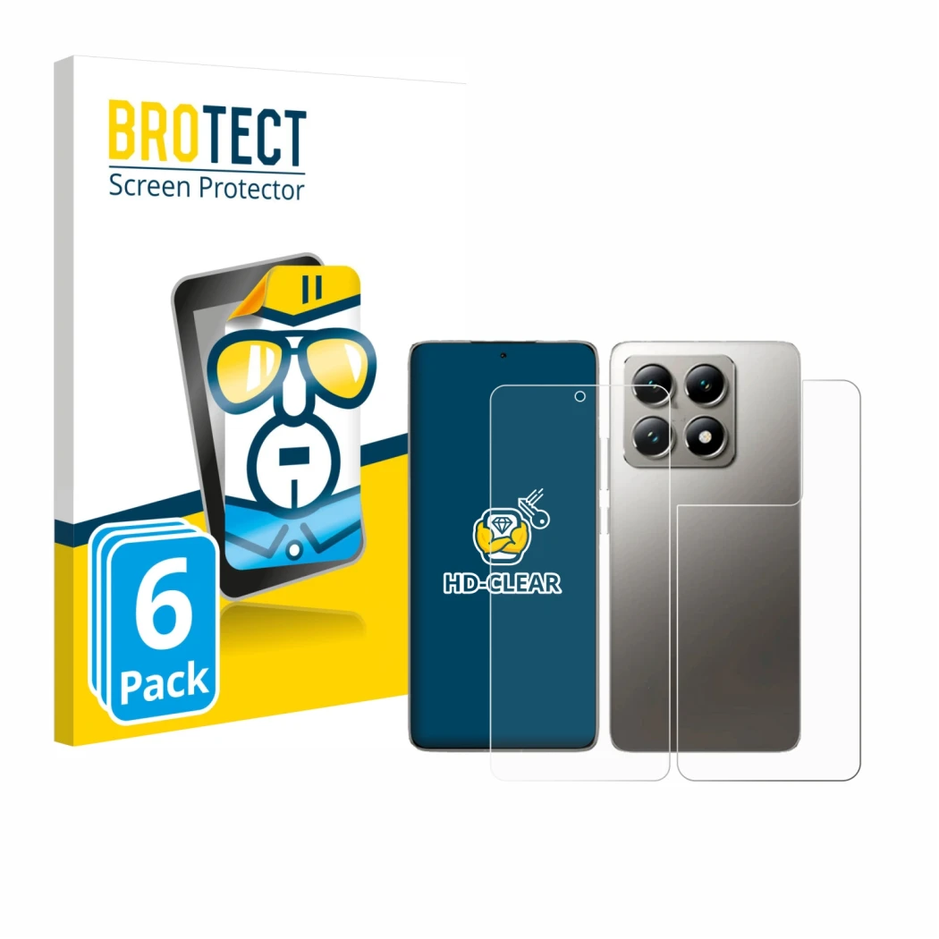 Face avant d’un emballage produit avec le logo de la marque BROTECT. À côté, l’appareil Xiaomi 14T Pro (Avant+Arrière) est rep