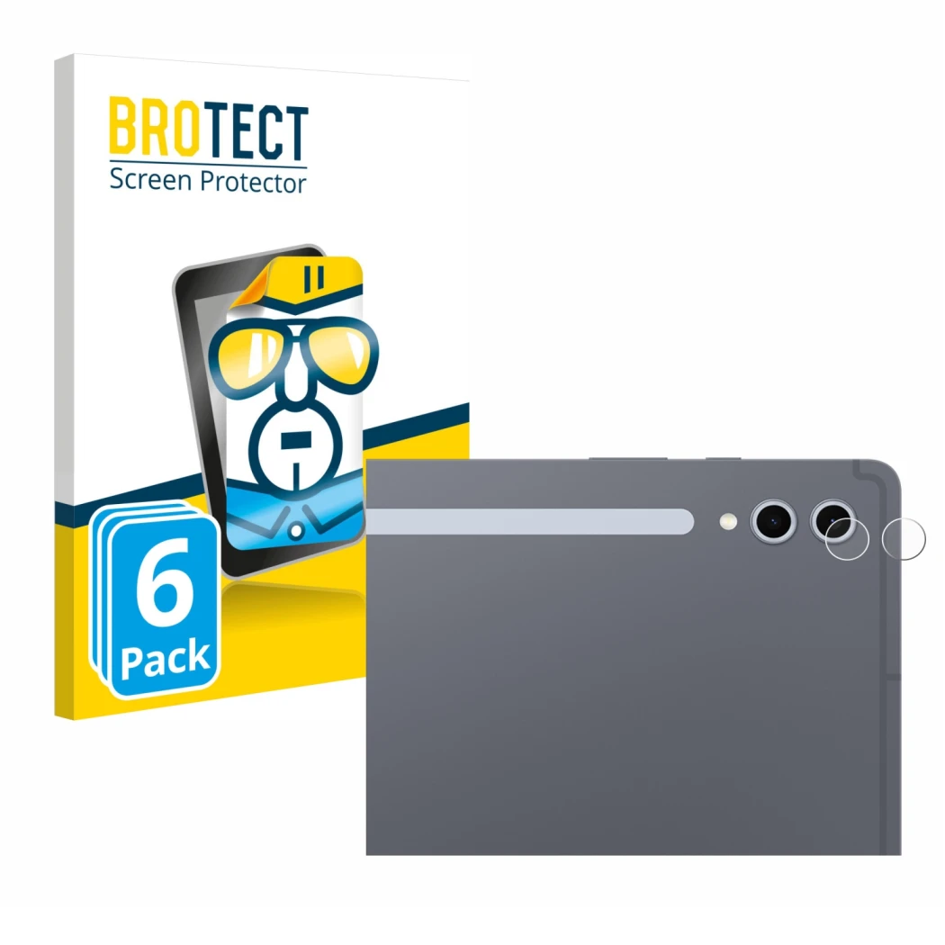 Face avant d’un emballage produit avec le logo de la marque BROTECT. À côté, l’appareil Samsung Galaxy Tab S10 Ultra 5G (Camér