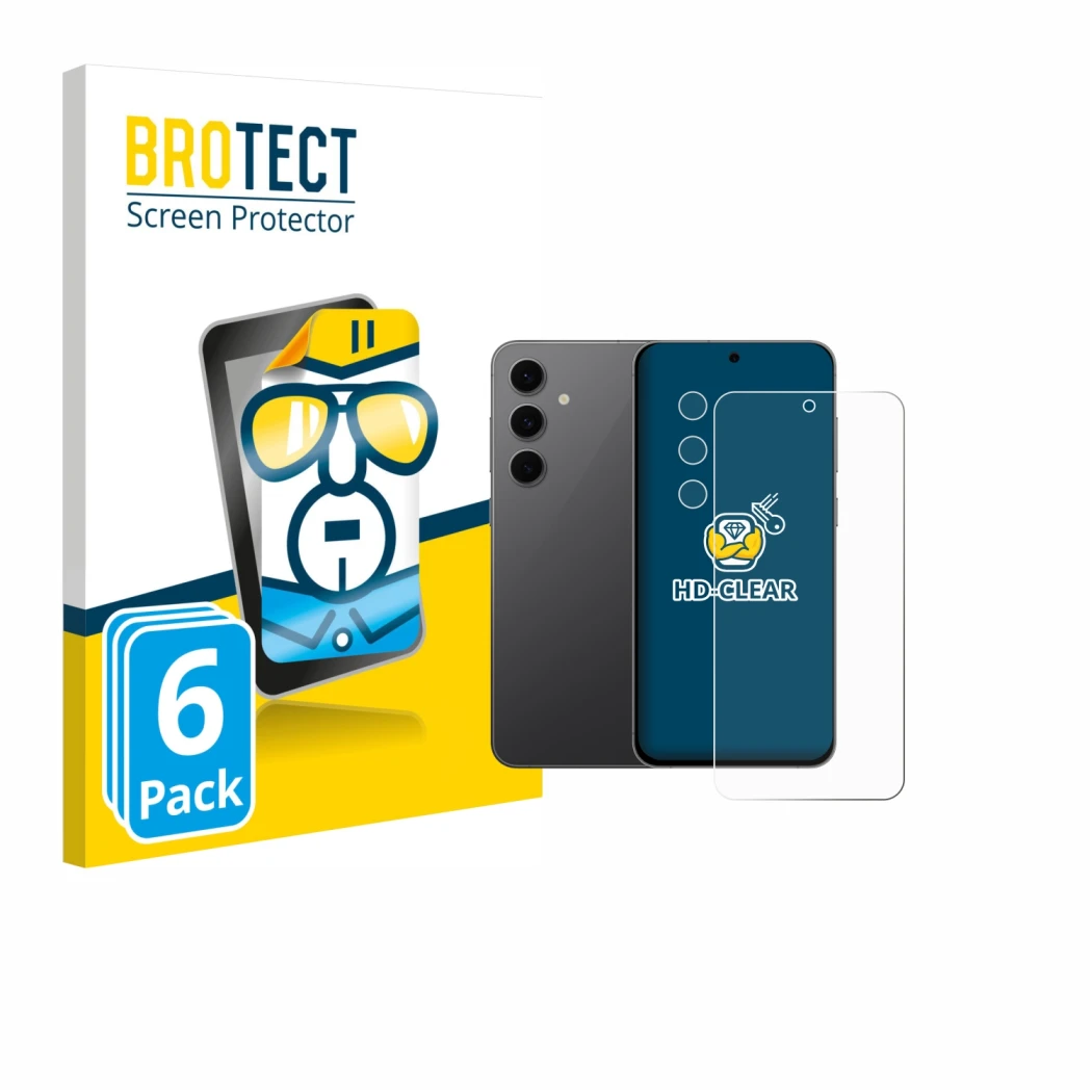 Face avant d’un emballage produit avec le logo de la marque BROTECT. À côté, l’appareil Samsung Galaxy S24 FE (Avant+Caméra) e