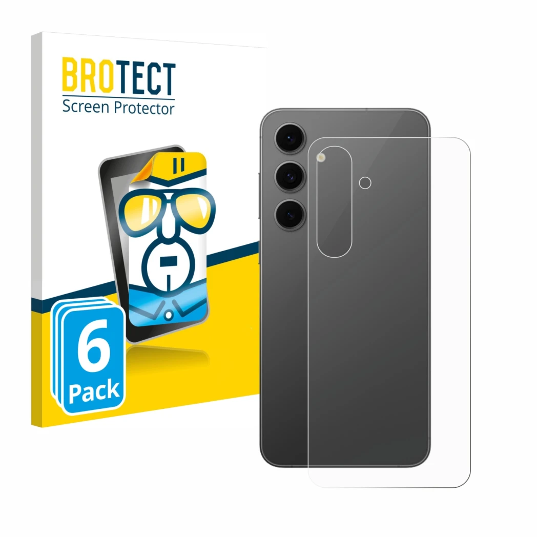 Face avant d’un emballage produit avec le logo de la marque BROTECT. À côté, l’appareil Samsung Galaxy S24 FE (Arrière) est re