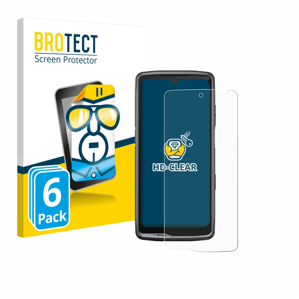 Face avant d’un emballage produit avec le logo de la marque BROTECT. À côté, l’appareil Crosscall Stellar M6 est représenté av