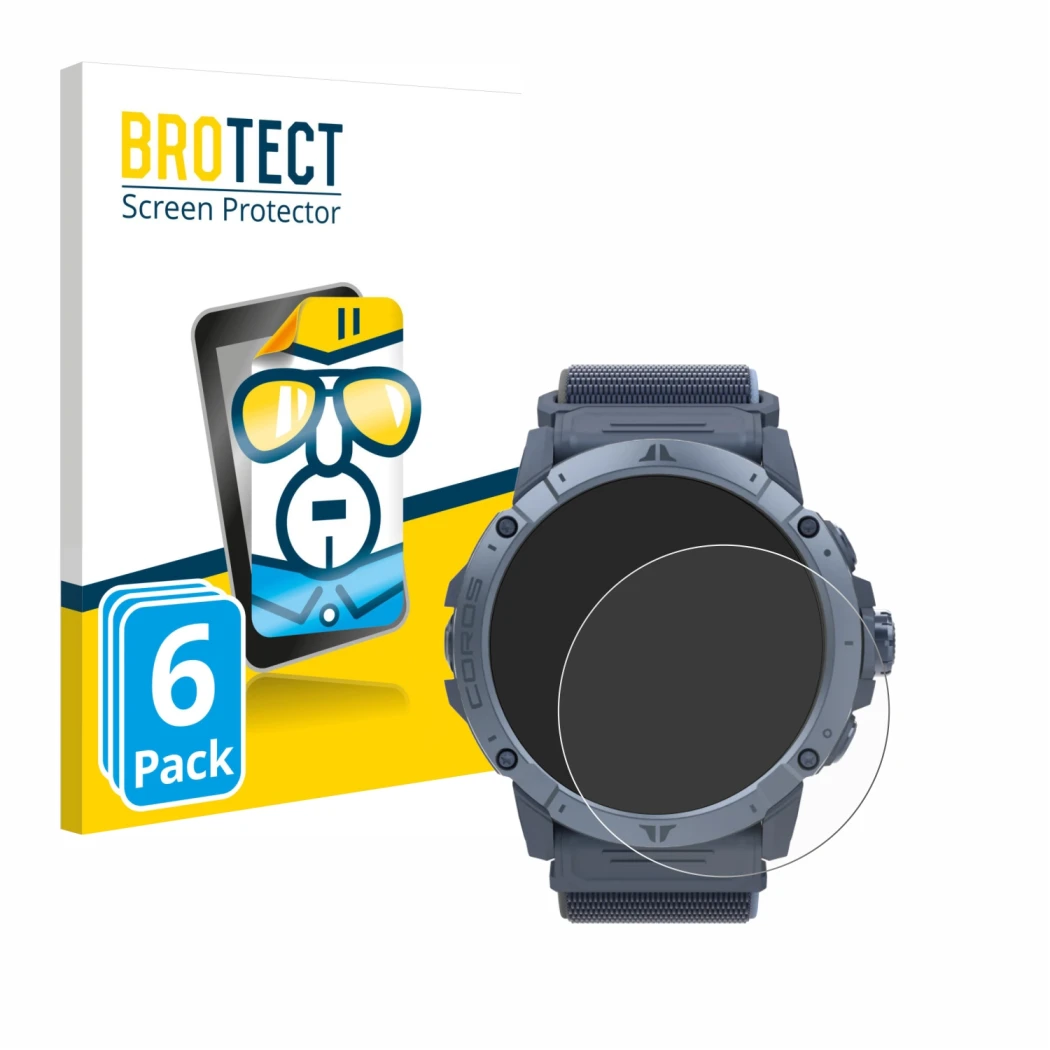 Face avant d’un emballage produit avec le logo de la marque BROTECT. À côté, l’appareil Coros Vertix 2S est représenté avec la