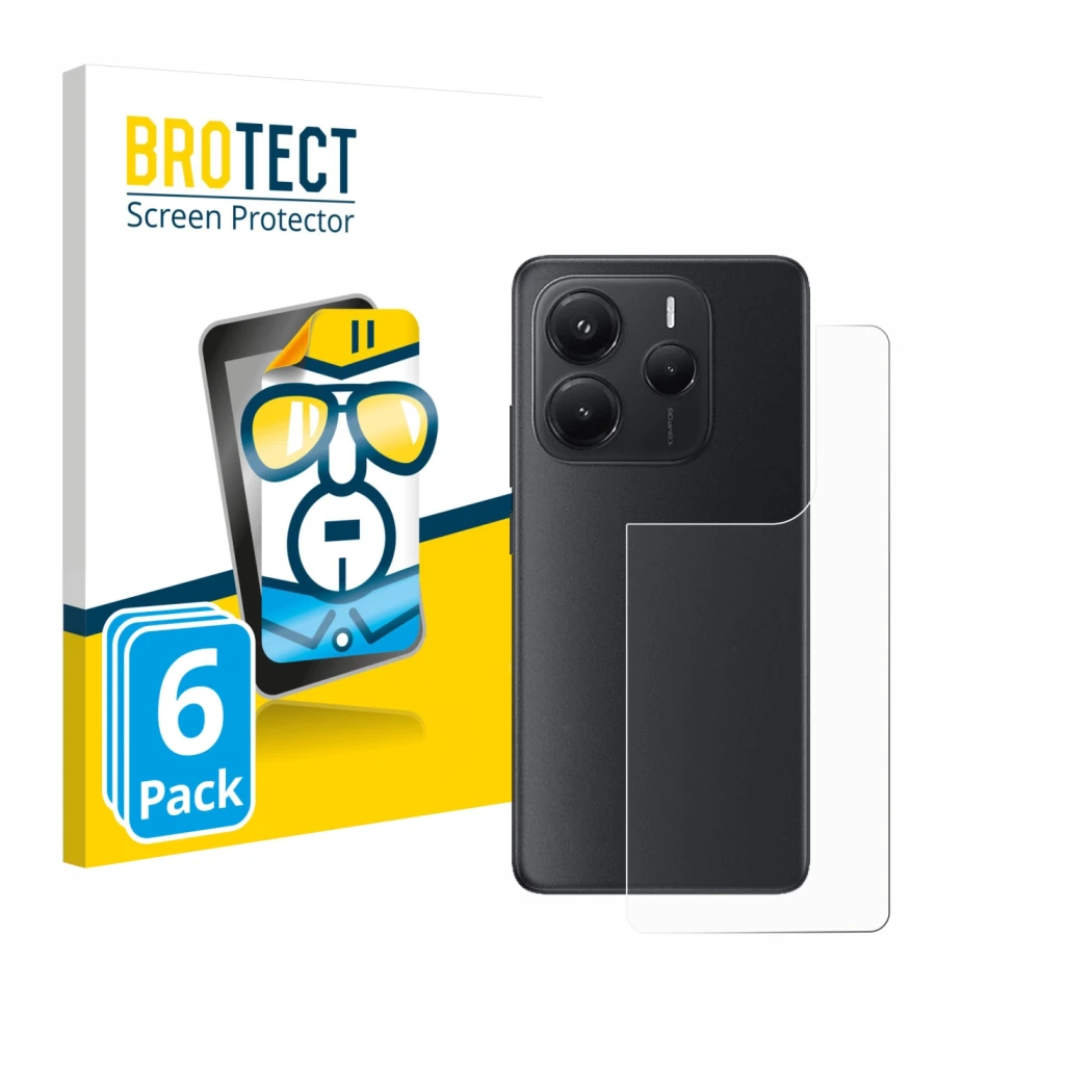 Face avant d’un emballage produit avec le logo de la marque BROTECT. À côté, l’appareil Xiaomi Redmi Note 14 (Arrière) est rep