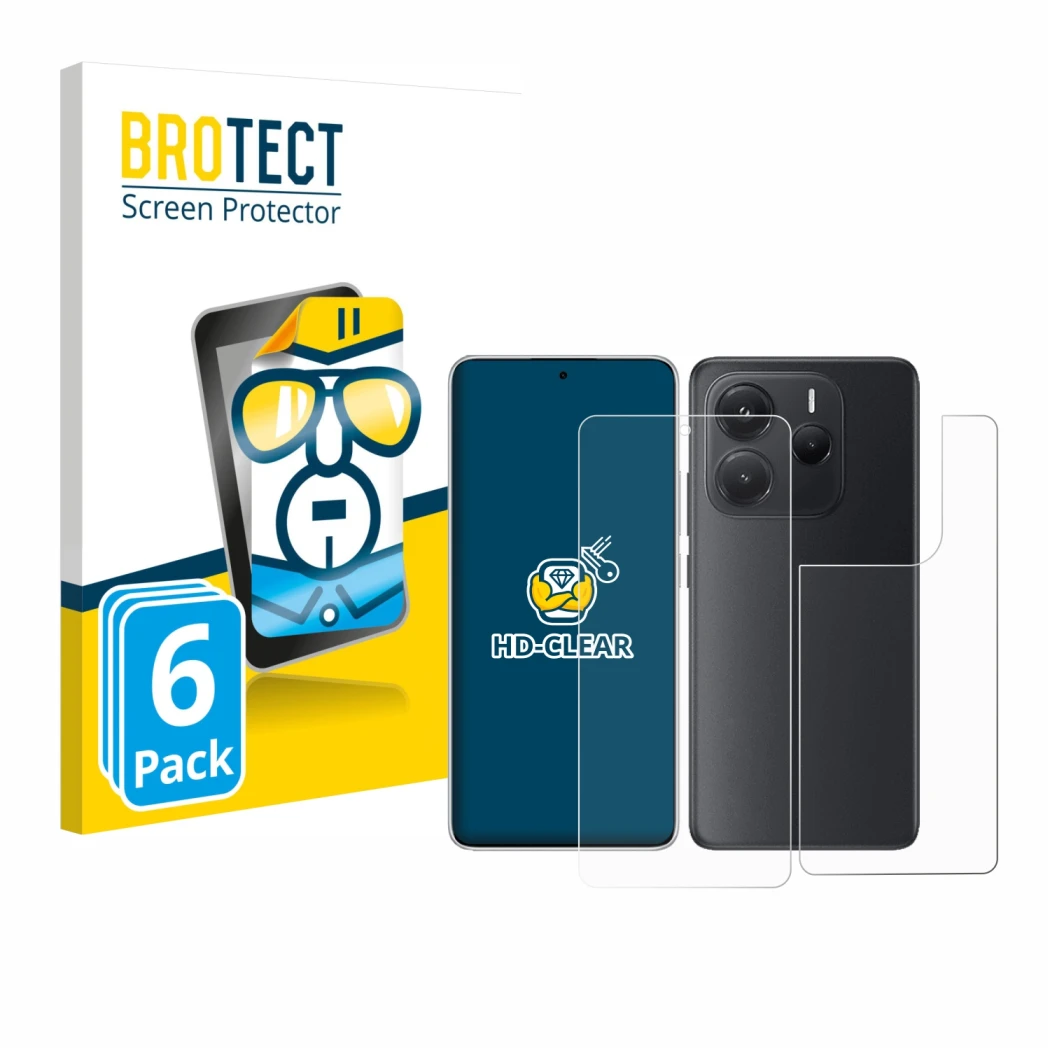 Face avant d’un emballage produit avec le logo de la marque BROTECT. À côté, l’appareil Xiaomi Redmi Note 14 (Avant+Arrière) e