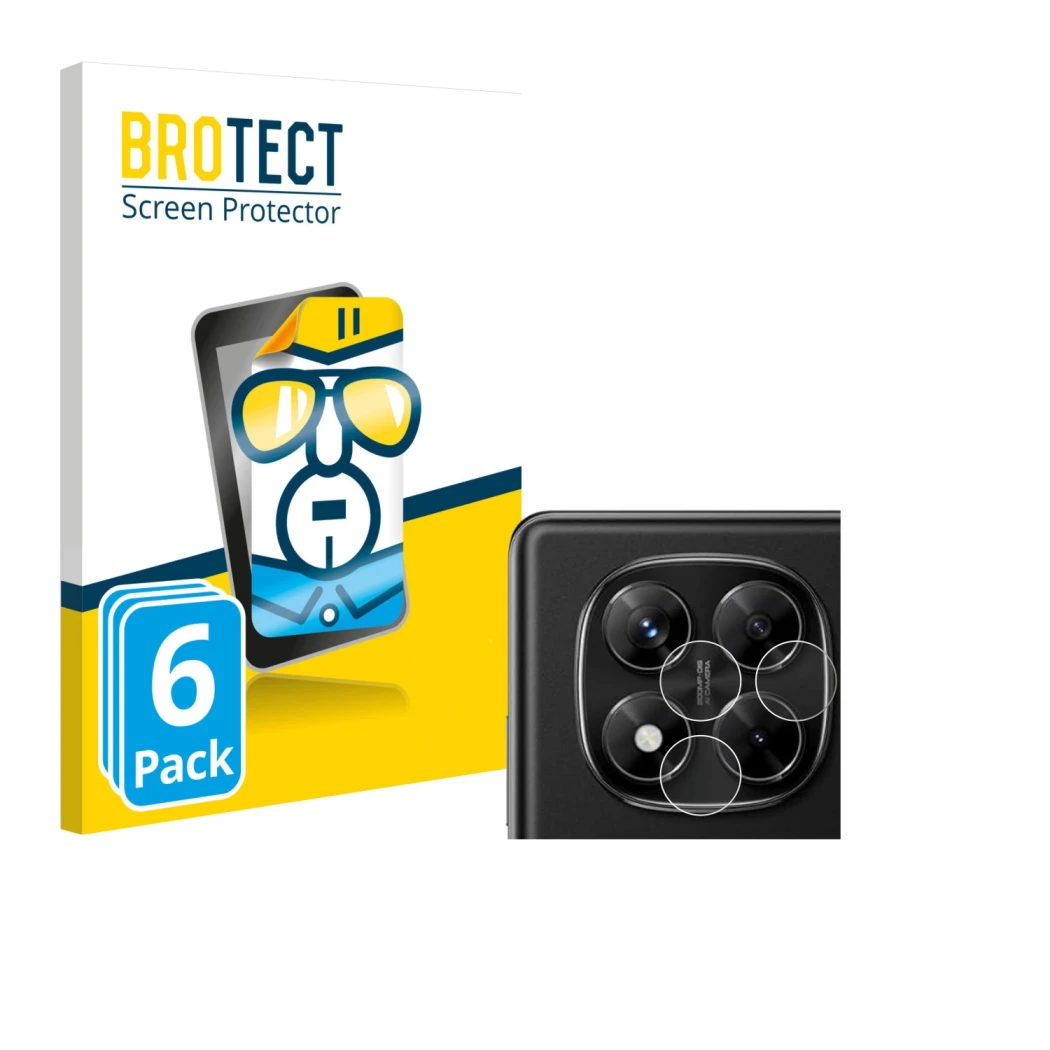 Face avant d’un emballage produit avec le logo de la marque BROTECT. À côté, l’appareil Xiaomi Redmi Note 14 Pro (Caméra UNIQU