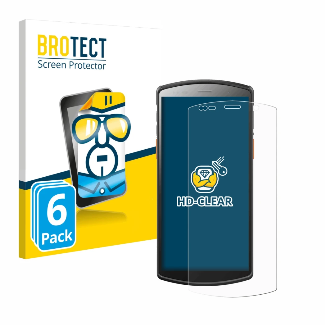 Face avant d’un emballage produit avec le logo de la marque BROTECT. À côté, l’appareil Urovo DT50S 5,7
