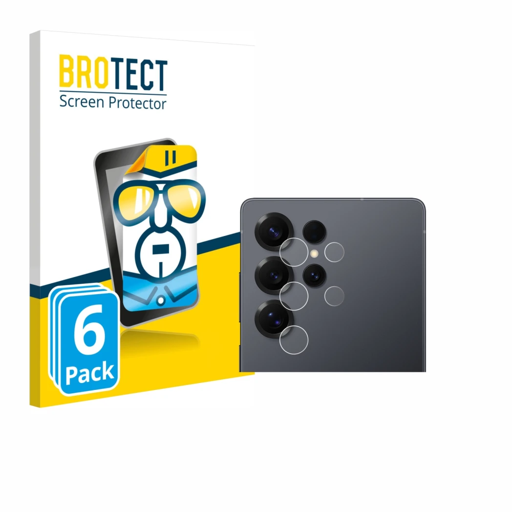 Face avant d’un emballage produit avec le logo de la marque BROTECT. À côté, l’appareil Samsung Galaxy S25 Ultra (Caméra UNIQU