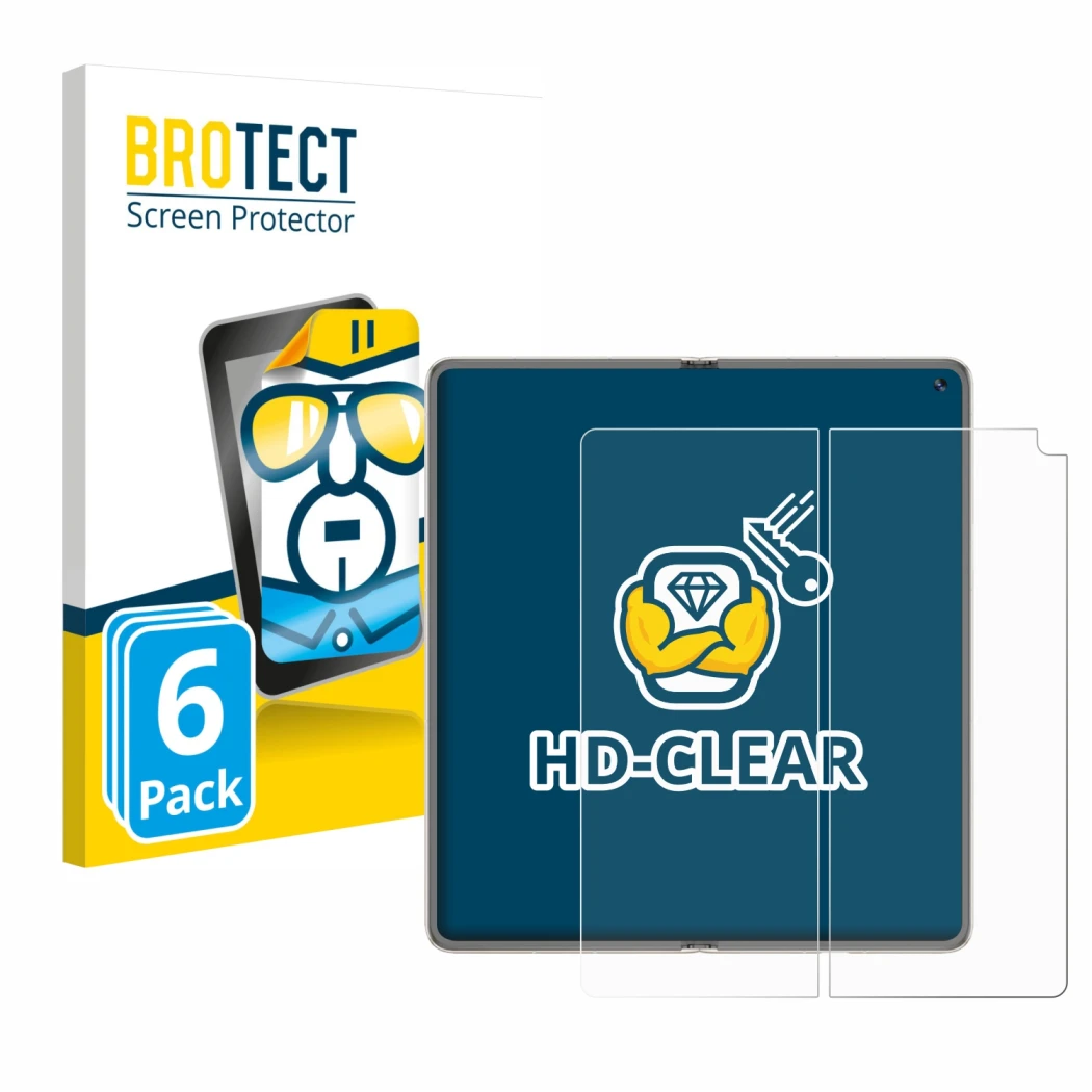 Face avant d’un emballage produit avec le logo de la marque BROTECT. À côté, l’appareil Huawei Mate X6 (Affichage interne) est