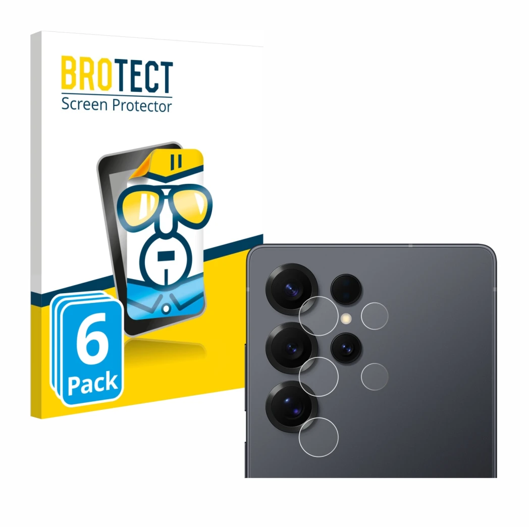 Face avant d’un emballage produit avec le logo de la marque BROTECT. À côté, l’appareil Samsung Galaxy S25 Ultra Enterprise Ed