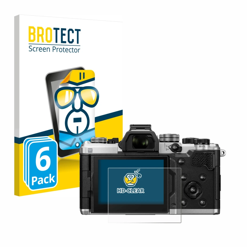 Face avant d’un emballage produit avec le logo de la marque BROTECT. À côté, l’appareil OM System OM-3 est représenté avec la