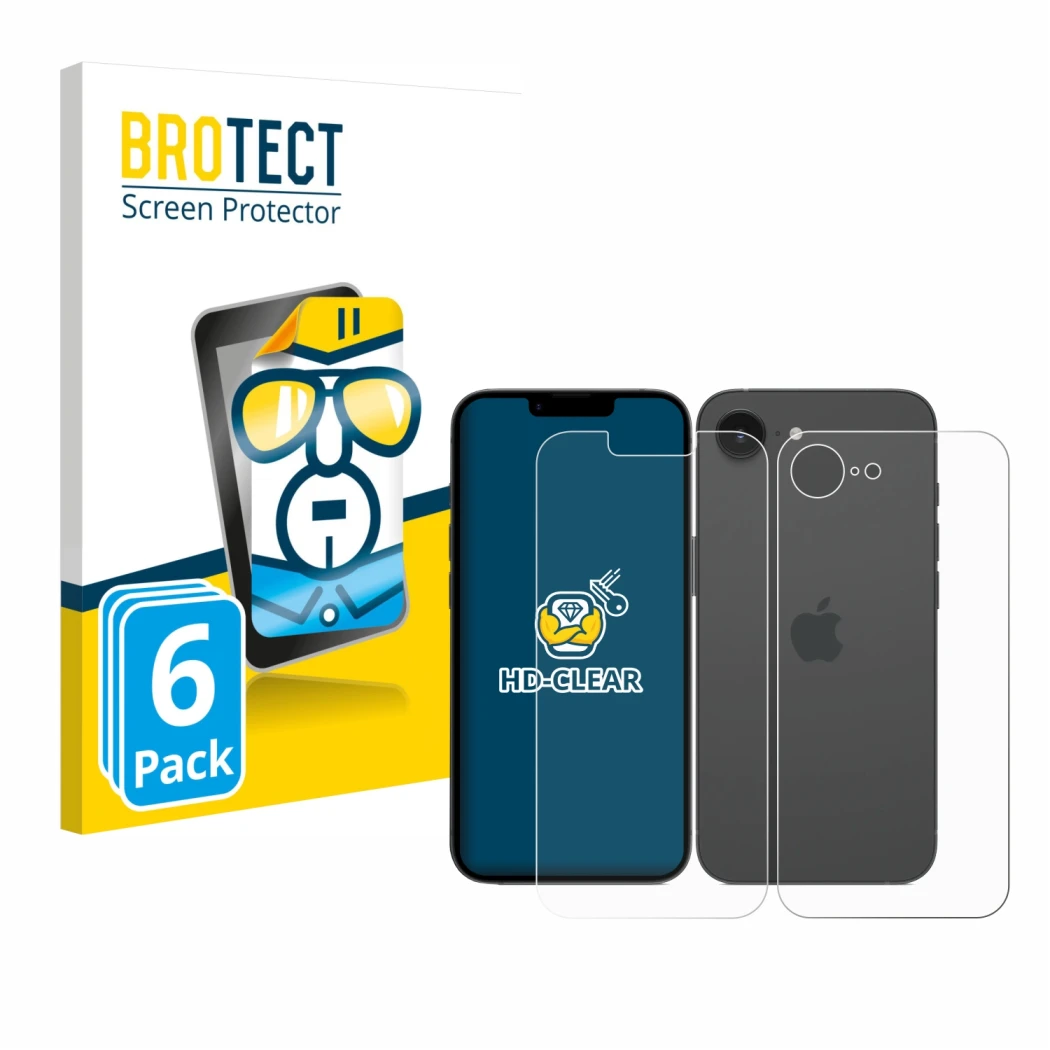 Face avant d’un emballage produit avec le logo de la marque BROTECT. À côté, l’appareil Apple iPhone 16e (Avant+Arrière) est r