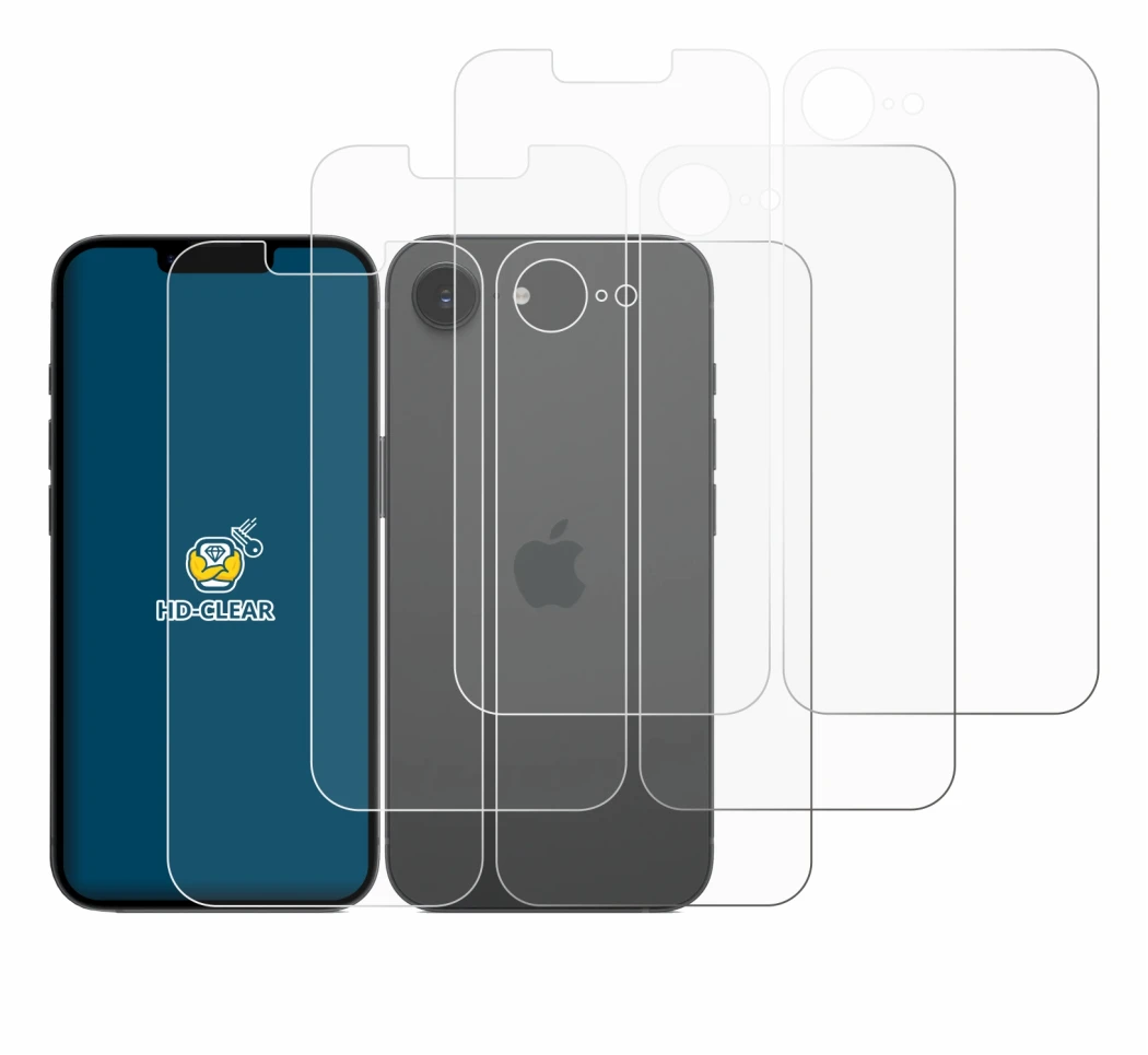 Image de l'appareil Apple iPhone 16e (Avant+Arrière) avec une grande variété de protections d'écran.