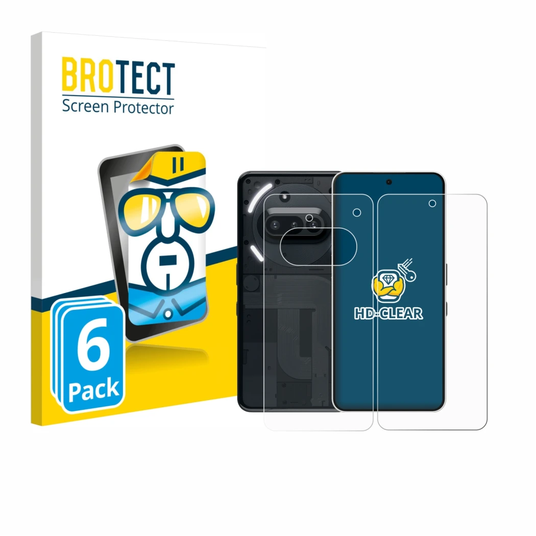 Face avant d’un emballage produit avec le logo de la marque BROTECT. À côté, l’appareil Nothing Phone (3a) (Avant+Arrière) est