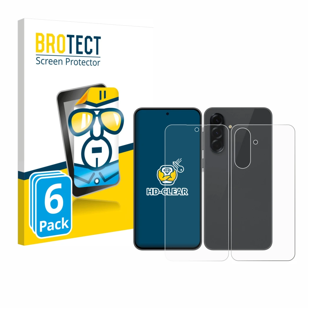 Face avant d’un emballage produit avec le logo de la marque BROTECT. À côté, l’appareil Samsung Galaxy A36 5G (Avant+Arrière) 