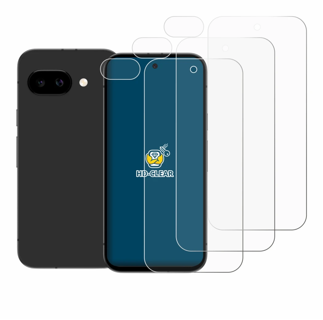 Image de l'appareil Google Pixel 9a (Avant+Caméra) avec une grande variété de protections d'écran.