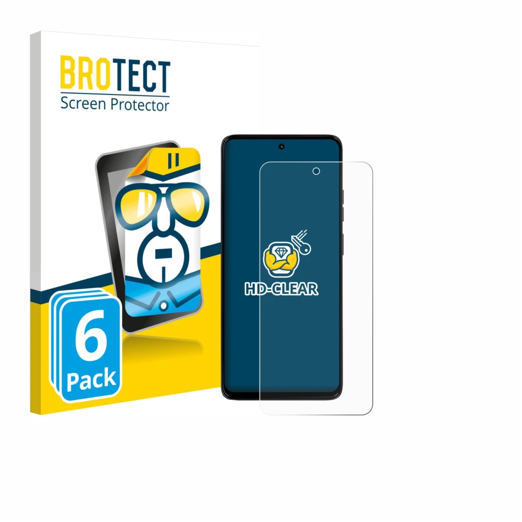 Face avant d’un emballage produit avec le logo de la marque BROTECT. À côté, l’appareil Motorola Moto G56 est représenté avec